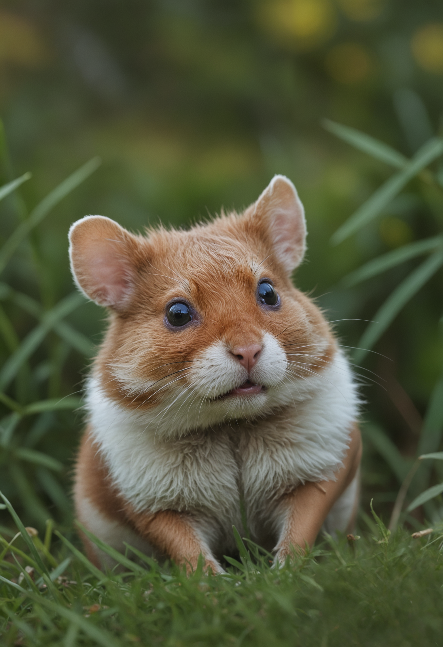 a small rodent, possibly a hamster, peeking out from behind some green grass