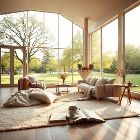 A magnificent spacious salon filled with light creates a feeling of lightness and peace. Spacious floor-to-ceiling windows open up to a view of the green park, where the trees gently sway, and the rays of the morning sun fill the space with golden light. Inside the room, on a soft carpet lying on a wooden floor, blankets and pillows are neatly folded, inviting you to immerse yourself in an atmosphere of coziness.
A large comfortable sofa decorated with soft pillows stands against the wall, a cup of steaming tea is on the table, and a book with an open page lies nearby. In the corner, opposite the window, there is a small table with a vase containing wild flowers, creating an even more lively and warm atmosphere in the room.
The ceiling of the room is high and stretches upward, giving the room a feeling of spaciousness. Simple but stylish decorative elements, such as wooden shelves with books and small plants, maintain the harmony of coziness. The aroma of fresh coffee and vanilla wafts through the air, creating an atmosphere where you can relax and enjoy the peace and quiet.
The hazy softness of the light and the open space create a balance between privacy and the grandeur of nature, giving a complete sense of harmony and comfort.