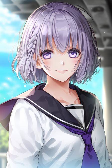 ichigestyle, 1girl, solo, school uniform, purple eyes, looking at viewer, short hair, upper body, smile, long sleeves, white sailor collar, purple hair, serafuku, sailor collar, closed mouth, shirt, bangs, hand up, black neckerchief, hair between eyes, white shirt, neckerchief, necktie