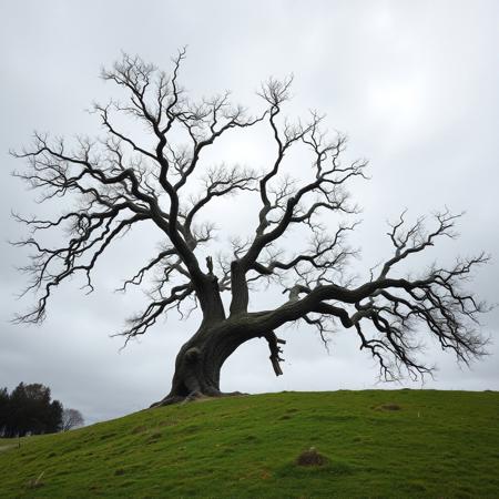 a massive dead cherry tree in the middle of a hill, unique shape, asymmetrical, bad weather