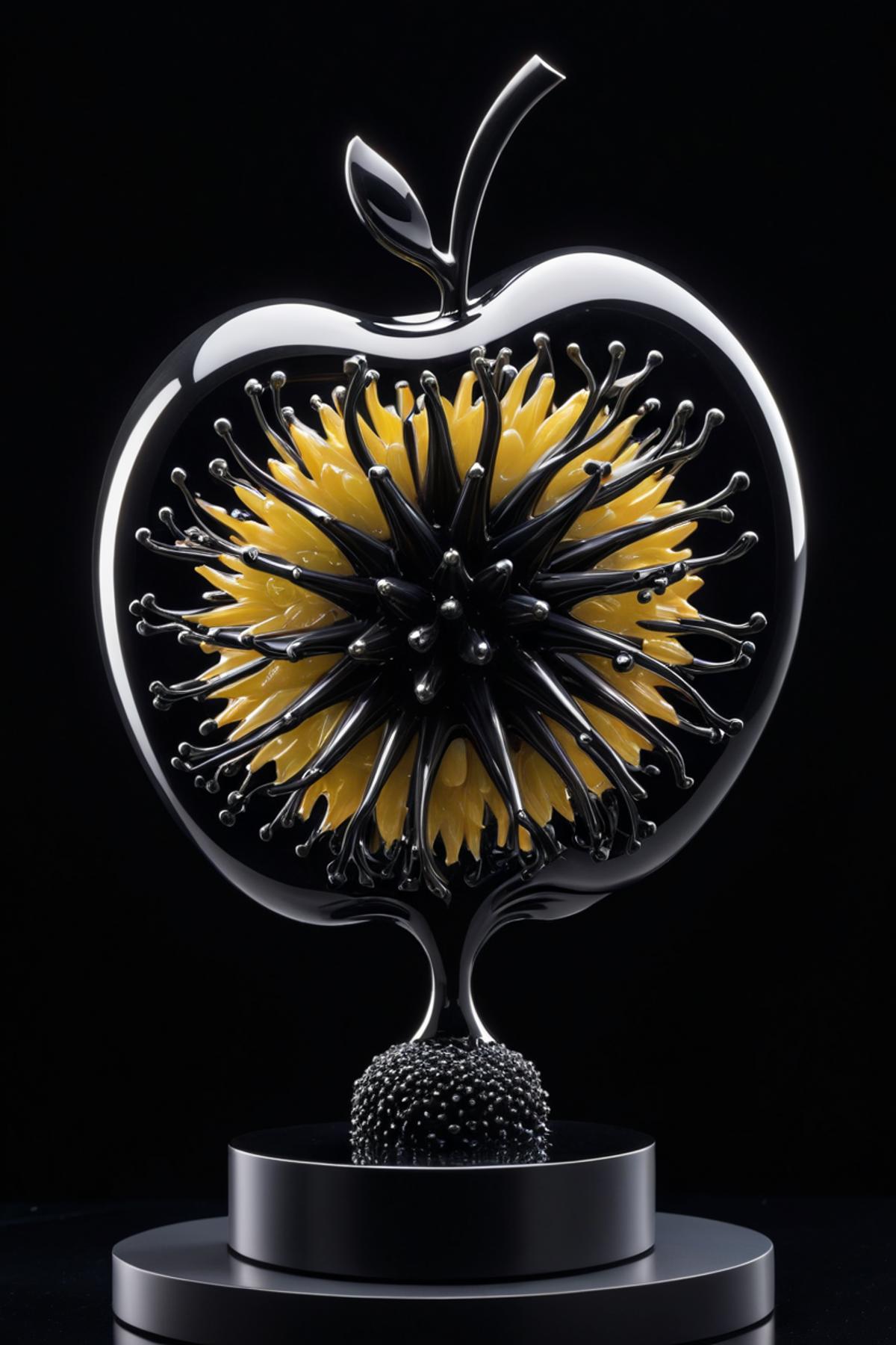 A glass apple sculpture with a yellow flower on top.