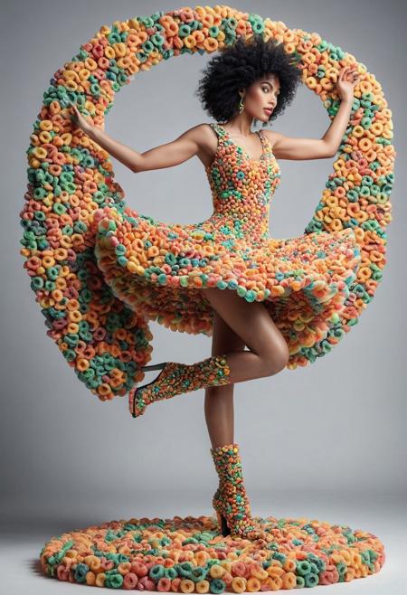 female black haired model wearing a dress made of fruit loops, made of fruit loops high heel boots, jumping pose, intricate fruit loop textures forming the sleek structure, high-detailed, aesthetics, cinematic lighting, simple background, realistic, masterpiece, best quality, highly detailed, sharp focus, dynamic lighting