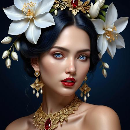 Ultra realistic head and shoulder color pencil drawn portrait of a beautiful 20yo black haired female with white flowers in her hair, large intricate  golden earrings and a detailed and intricate golden necklace. (looking at viewer), (beautiful blue-gray eyes), (ruby red lipstick),
BREAK
Deep dark intense (midnight blue hazy background:1.6),
dynamic lighting, (soft shadows), (soft focus),  (photo realistic), uhd, 8k