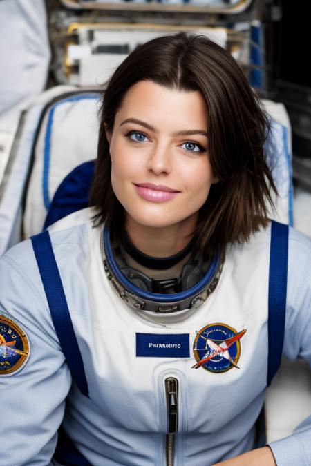 portrait photo, natural woman,high quality photo, perfect details and textures, highly detailed front view, perfect lighting, perfect composition, perfect lighting, <lora:more_details:0.6> <lora:xxadritor-07:1> xxadritor with an astronaut suit in the space station