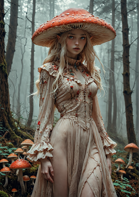 masterpiece, highly detailed, 8k, soft light, fantasy style, (fairycore aesthetic), (dreamlike atmosphere)
(young woman), light blonde hair, oval face, (delicate features), slender body, serious expression, pensive mood, graceful posture, (large mushroom hat), (red mushroom hat), ornate headwear, floral embroidery, beige dress, long sleeves, ruffled cuffs, decorative collar, flowing fabric, muted colors, (enchanted clothing), ethereal elegance, natural texture, (detailed patterns), (fairy tale outfit)
looking forward, gentle gaze, facing viewer, standing still, off-center left
(enchanted forest), many mushrooms, pale tones, desaturated earth, beige background, pale orange, light brown, soft shadows, (melancholic light), (glowing spores), mystical fog, elevated angle, diffused lighting, organic shapes  <lora:EpicF4nta5yXL:1>