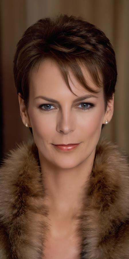 a woman Laurie_Strode young  <lora:Laurie_Strode:0.7> portrait close up in fur, posing, perfect skin, fitness whore close up Laurie Strode played by Jamie Lee Curtis, slutty, (masterpiece:1.2), (best quality:1.2), ultra high res, beautiful, (intricate details), unity 8k wallpaper, ultra detailed, aesthetic, perfect lighting, professional photograph, Zeiss 50mm F8, award-winning photo by Jamie Lee Curtis