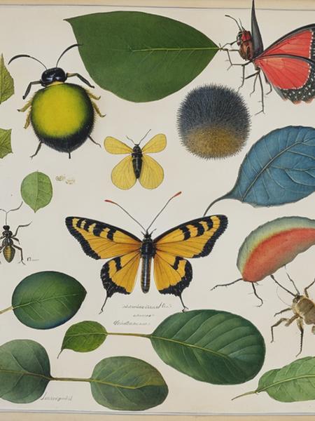 <lyco:MariaSibyllaMerian:1.0> Plate 70 from Dissertation in Insect Generations and Metamorphosis in Surinam,Northern Renaissance,watercolor , gouache, papercraft, fading border,by Martin Schongauer and Maria Sibylla Merian