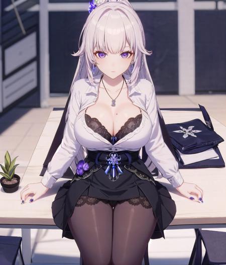 raiden shogun, breasts, 1girl, pantyhose, long hair, shirt, sitting, large breasts, skirt, braid, purple hair, jewelry, braided ponytail, cleavage, underwear, white shirt, purple nails, solo, purple eyes, bra, looking at viewer, black bra, bangs, hair ornament, black skirt, necklace, blush, mole, open shirt, mole under eye, hair flower, indoors, nail polish, flower, collared shirt, open clothes, pencil skirt, wooden floor, very long hair, long sleeves, collarbone, black pantyhose, earrings, from above, cup, thighs, thighband pantyhose, miniskirt, lace-trimmed bra, dress shirt, plant, table, parted lips, single braid, window, lace trim, alternate costume, office lady, contemporary, feet out of frame, closed mouth, pillow, potted plant, brown pantyhose, hand up, hand in own hair, purple flower, holding, <lora:HK3_style-000009:0.6>