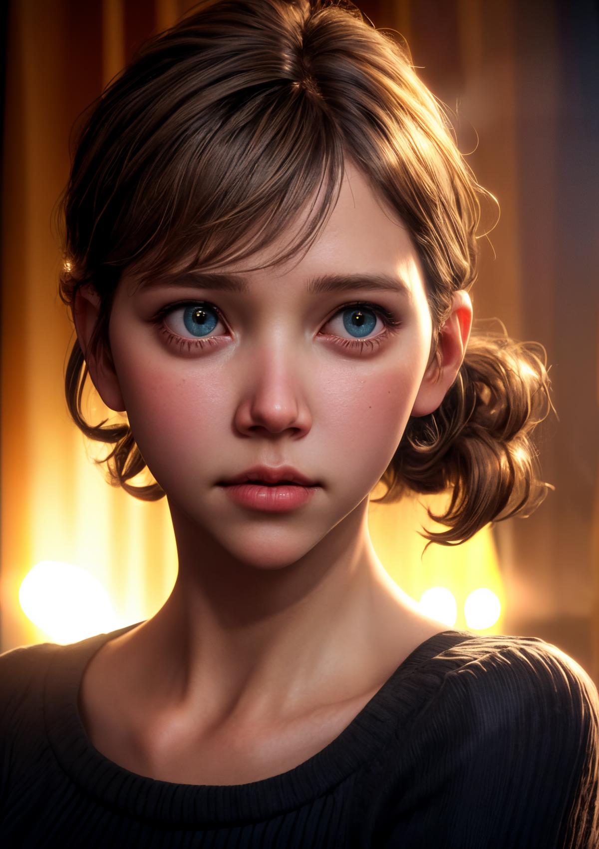 A young girl with blue eyes and a pink nose is looking forward.