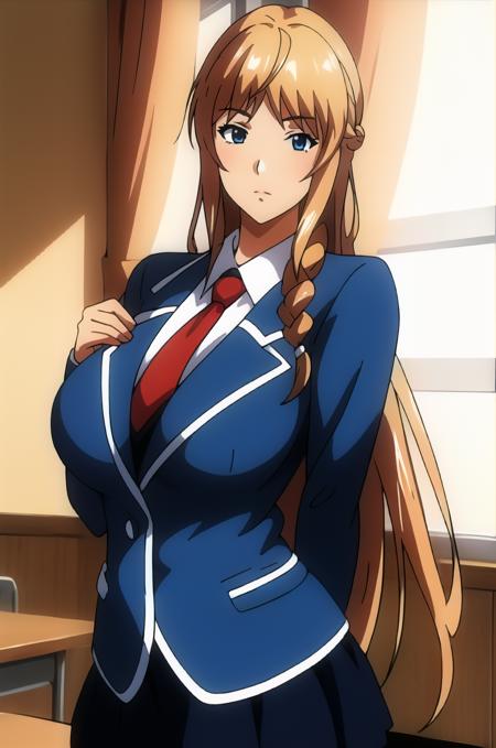 Arisa_Kisshouji Arisa_Kisshouji, 1girl,solo,long hair,braid,blue eyes,large breasts,school uniform,necktie,blazer,skirt