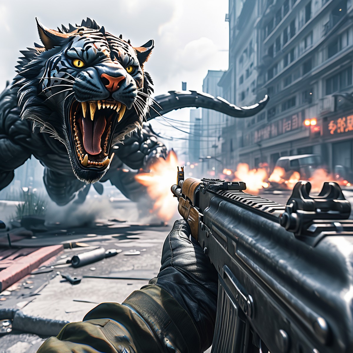 a cinematic shot of a first person shooter, aiming with a ak-47, call of dudy, shooting a giant black (tiger:1.2), city in...