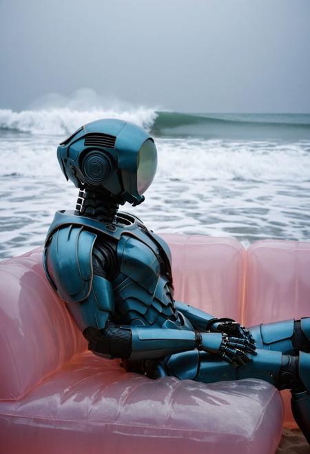 subsurface scattering, LiS_Robot By tim burton, sitting on a translucent sss pink plastic Air Couch at the ocean, Large waves, Sand, marbles , 
atmospheric haze, Film grain, cinematic film still, shallow depth of field, highly detailed, high budget, cinemascope, moody, epic, OverallDetail, 2000s vintage RAW photo, photorealistic, candid camera, color graded cinematic, atmospheric lighting, imperfections, natural, shallow dof