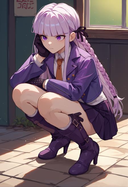 Kyoko, purple eyes, purple hair, long hair, braid,    black gloves,  purple jacket, purple skirt, brown necktie, white shirt boots