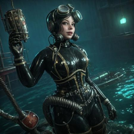 1female,(, lilto, bioshock scuba,), big daddy bioshock, photorealistic, best quality , 8k, intricate, ultra detailed, nice background, (ziprealism)