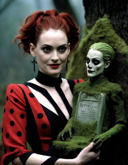 cinematic photo a (ohwx woman:1.3) with dark, spiky hair and pale skin. She is wearing a vibrant red dress with black dotted patterns and a matching red veil. In her arms, she holds a doll with similar dark hair and facial features. The backdrop features a gravestone engraved with the word "BEETLEJUICE" and the surrounding area is illuminated in eerie green light, with some gnarled trees and a dense, mossy growth. The overall ambiance of the image is spooky and otherworldly.  <lora:winona_lora_sdxl_v1-000009:1.1> . 35mm photograph, film, bokeh, professional, 4k, highly detailed