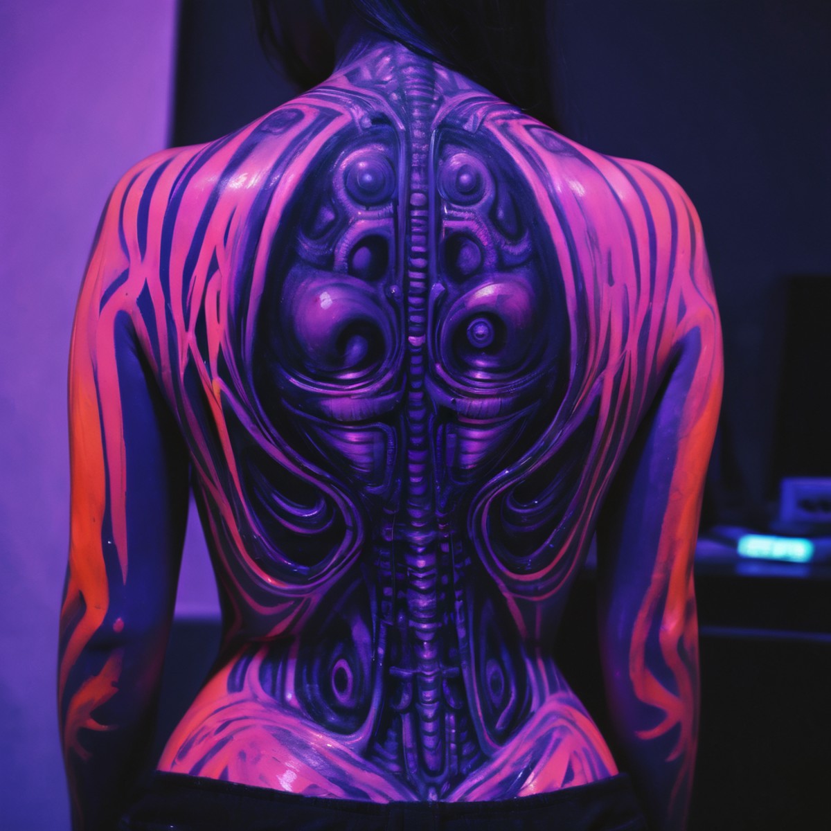 blacklight uv painted on the back of a girl depicting art in the style of H. R. Giger