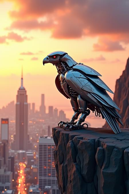 An intricate and futuristic robotic eagle perched majestically on a rocky cliff that overlooks a vast, sprawling cityscape. The eagle, with its metallic wings and detailed mechanical design, appears ready to take flight. The sky is a brilliant mix of oranges and purples, with the city lights twinkling in the distance. The overall atmosphere of the image is a blend of awe and mystery.