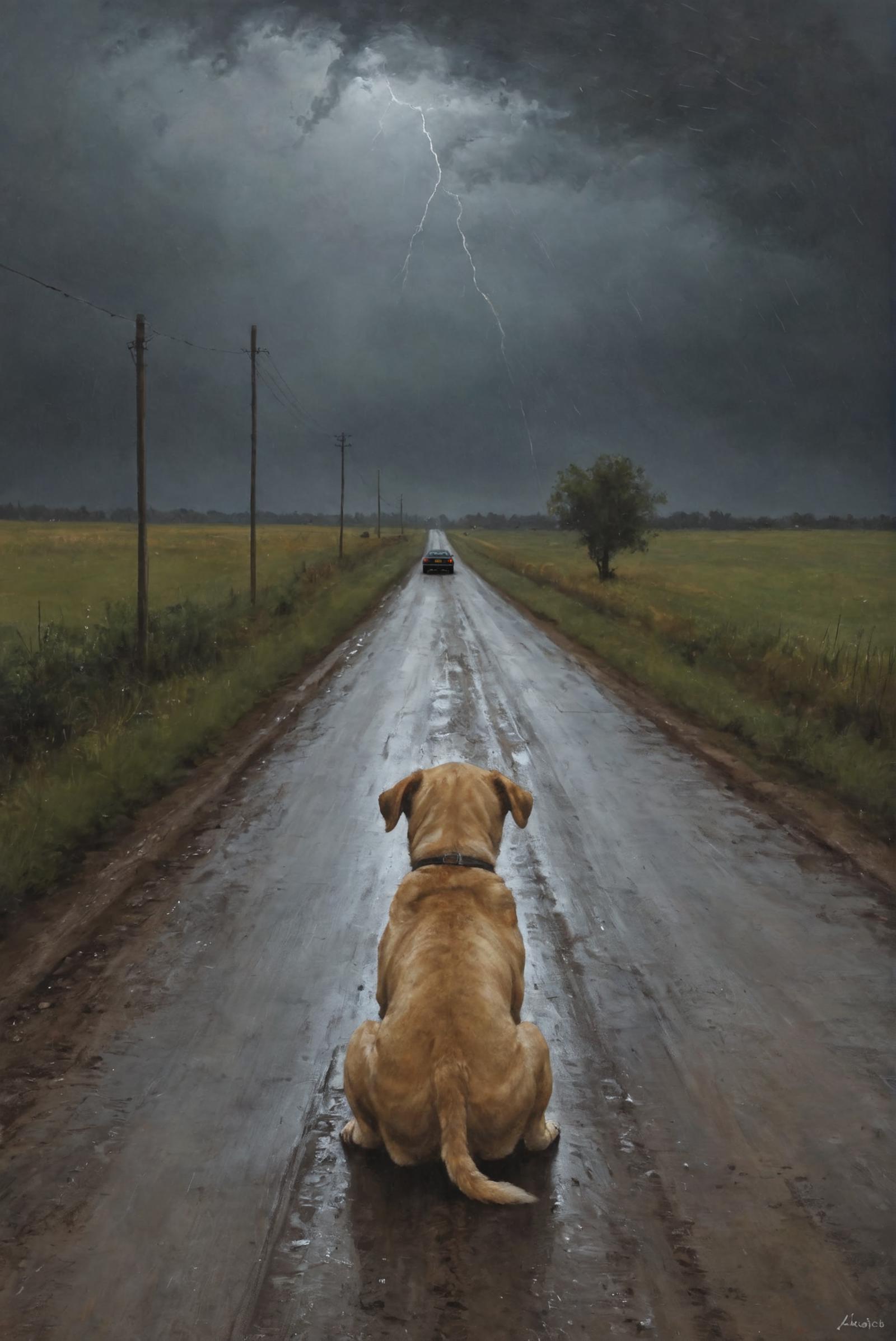 A painting of a dog in the rain.