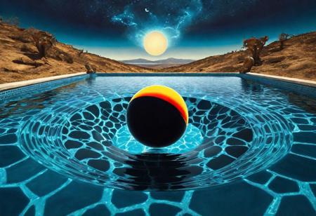 surreal illustration, Dali, masonic secrets, cosmic pool, eclipse, masterpiece, detailed, dramatic lighting, intricate details, high resolution, portrait, trending on artstation, ((surrealism, Salvador Dali, cosmic, pool, eclipse, mysterious, detailed texture, vibrant colors, haunting, otherworldly, surrealist art, (dark, mysterious, intricate composition)), oil painting, detailed brush strokes)