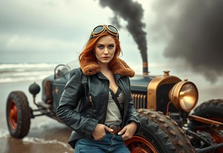 pin-up poster, beautiful woman, 32yo, copper colour hair, green eyes, race drivers from the 1950s, open leather jacket with fur collar, open bomber jacket, (brown leather hood)+,( goggles with (leather straps)+), jeans, blouse under the jacket, deep neckline, old golden era racing car in background. a vehicle on a wind swept beach in winter, waves and sea spary) , ( The vehicle has the body of a (matte black) (1928 ford madel AA) , (on the sides of the vehicle, smokestacks are spewing thick black diesel smoke into the air , ( the vehicle is seen raised with a custom lift kit suspension and high shocks ) , (the vehicle is using gigantic bar tread tires) (Shot from a low angle)] vehicle focus