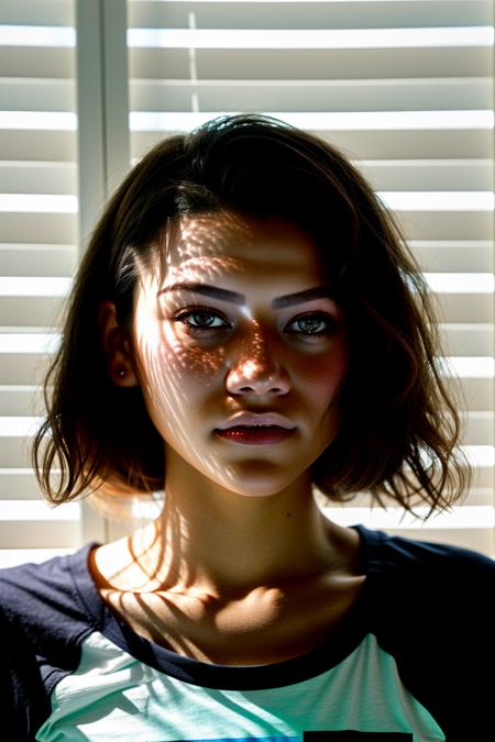 <lora:zendaya-01:1> z3nd4y4, 1girl,, T-Shirt, Underwater, Street Photography, over exposed, Sunlight filtered through blinds or window shutters (Filtered Sunlight).