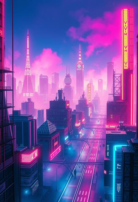 Create a surreal, dreamlike scene of a cityscape at night, but instead of traditional buildings and streets, the city is made up of neon-lit, futuristic structures that seem to defy gravity and logic. The sky is a deep, electric blue, and the air is filled with a haze of neon-colored mist. The art style is a fusion of 80s-style neon art and digital painting, with bold, vibrant colors and intricate, detailed patterns that create a sense of depth and texture. The colors are bright and glowing, with a focus on pinks, blues, and purples to convey a sense of energy and futurism. Style: neon, digital painting, surreal. Colors: bright, glowing, pink, blue, purple. Highest-Quality, 4k, Masterpiece