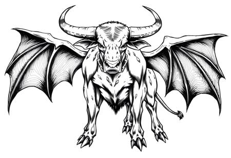 fantasy, ink art, comic style art, bull is standing with four feet, feet has 3 claws, bat wings, muscular