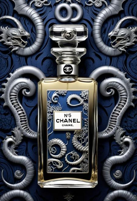 wallpaper pattern of Chanel no 5 perfume bottle, in the style of hokusai and HR Giger, best quality, masterpiece, HRGigerAI