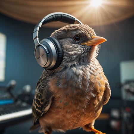 A photograph of a bird wearing headphones and speaking into a high-end microphone in a recording studio., Carlos Catasse, award - winning photography, a stock photo, art photography,action shot, nude, sunlight, wide angle,<lora:EnvyActionShotXL01:0.5> 8k, F2.8, RAW Photo, ultra detailed, real life <lora:xl_more_art-full_v1:0.8>