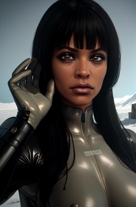 crngwlf, brown eyes, bangs, lips, black hair, 
tan bodysuit, skin tight, gloves, latex, 
snow, cabin, 
(insanely detailed, beautiful detailed face,beautiful detailed eyes, masterpiece, best quality) 
 <lora:cryingwolf:0.7>