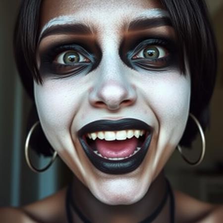 Amateur photography selfie of a female with open mouth wide, 20year, short bob haircut, black eye makeup, dark skin, pale white face paint, hoop earrings, (titties:0.2), choker, smiling, wide eyes, ultra high quality, very detailed and photorealistic, face focus, very detailed skin, detailed skin, realistic skin, acne, skin pores, photographic, photography, photograph, skin pores, excessive lip filler, huge tits, cleavage, huge eyes, piercing, goth lipstick (skin pores:0.5)