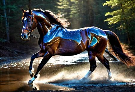 close up, full body, portrait, art by Greg Rutkowski, Very Beautiful, shadow art, Starlight horse, fantasy, magnificent, translucency, depth of fields, forest, rainy, puddle, beautiful lighting, blowing, Broken Glass effect, no background, stunning, something that even doesn't exist, mythical being, energy, molecular, textures, iridescent and luminescent scales, breathtaking beauty, pure perfection, divine presence, unforgettable, impressive, breathtaking beauty, Volumetric light, auras, rays, vivid colors reflects, depth of field in the style of artists such as artgerm, WLOP at Studio Ghibli Genshin.