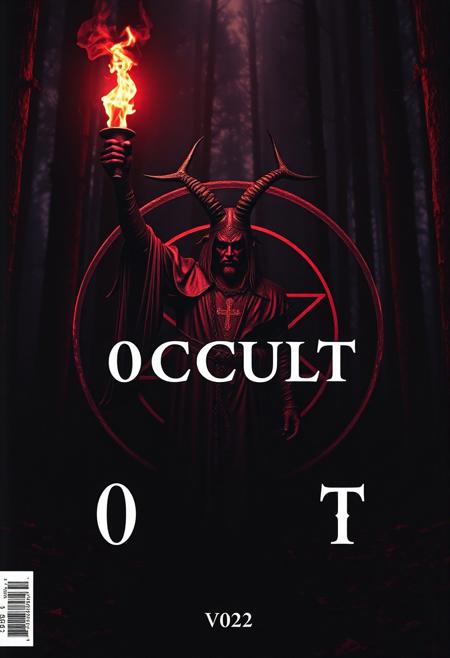 “Cinematic shot of an occult magazine cover. A powerful Baphomet figure holds a torch aloft, embodying the enigmatic patriarch of the Church of the Holy Sepulchre. The background reveals a pentagram encircled within a mystical ring, set against the dark, shadowy depths of a black forest. The title text, ‘0CCULT V002,’ is prominently displayed at the center of the composition. The entire image is bathed in an eerie palette of black and red tones, exuding a sense of mystery and otherworldly intrigue.”