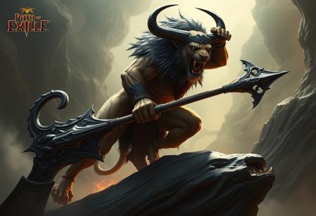 Create a highly detailed, hyper-realistic  of a minotaur from Path of Exile, half tiger, in an action pose on a Dimensionhole, with a giant weapon. Incorporate elements of the Lord of the Rings minotaur and the character Lobo. The image should be rendered in 8K, with cinematic lighting, and have a smooth, sharp focus. Style inspirations include Makoto Shinkai, Syd Meade, Simon Stalenhag, Ruan Jia, and Kentaro Miura.