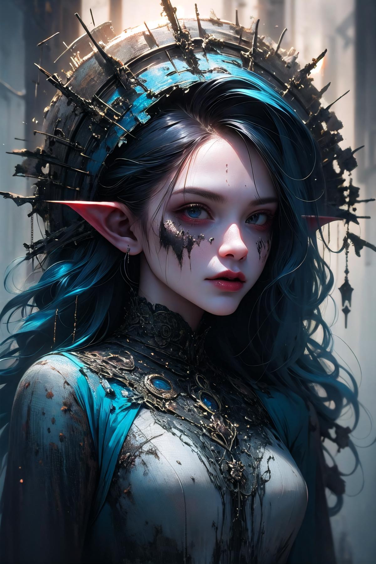 A beautiful blue-haired female character with a blue dress and pointy ears.