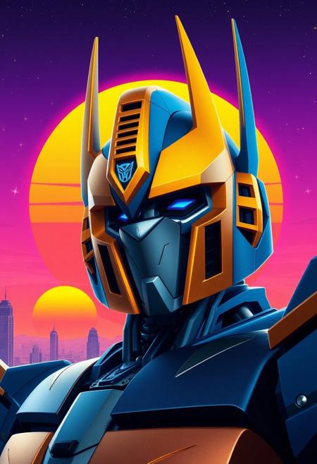 Pointy helmet, cone-shaped helmet, gold and blue transformer, decepticon, villain pose, photograph with a purple sky, cosmic stars, an orange and blue synthwave sun background. Slightly turned.  Ultra-detailed. Hyper-realistic. Metal city landscape