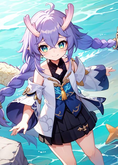 1girl, bailu \(Honkai Star Rail\), woolen skirt, stand, solo, smile, purple hair, plaits, closed mouth, long hair,  green eyes, dragon horns, detached sleeves, cute, clothes, braids, yellow tassels, blue and white clothes, black skirt, bare legs, blue background, ocean, masterpiece, best quality,  water, detail,  <lyco:bailuv2:0.7>, masterpiece, best quality,