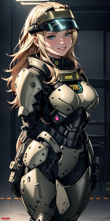 ((Masterpiece, best quality)),photography, detailed skin, realistic, photo-realistic, 8k, highly detailed, full length frame, High detail RAW color art, diffused soft lighting, shallow depth of field, sharp focus, hyperrealism, cinematic lighting,smiling,
edgHalo_armor,power armor, iron boots
blonde Nadia with ((futuristic visor))and a choker,
wearing edgHalo_armor <lora:edgHaloArmors:0.75> <lora:Ultimate_Nadia:0.5>