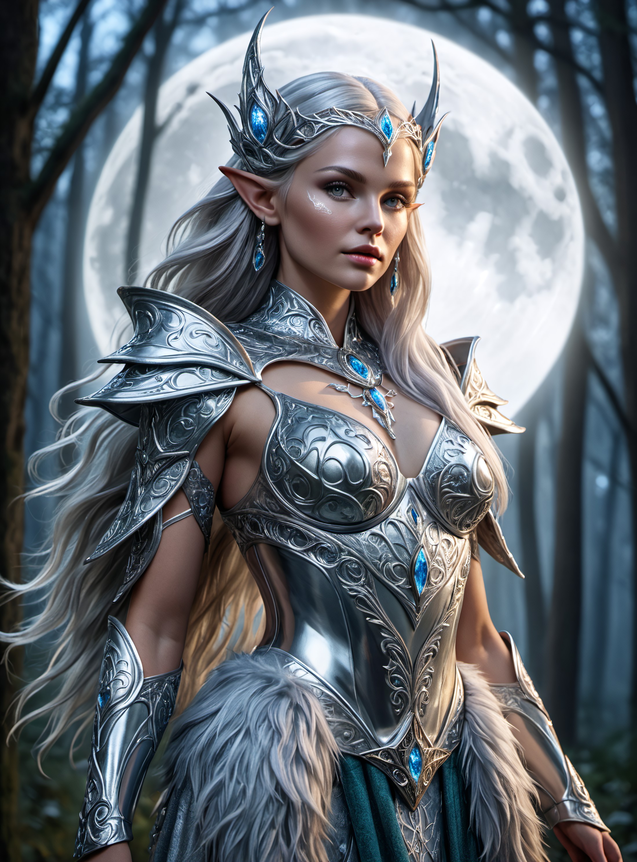 50mm lens
aperture opening of f/4.0
1 girl, beautiful elven maiden:1, silver elven armor:0.8, shoulder portrait, Night, Fo...