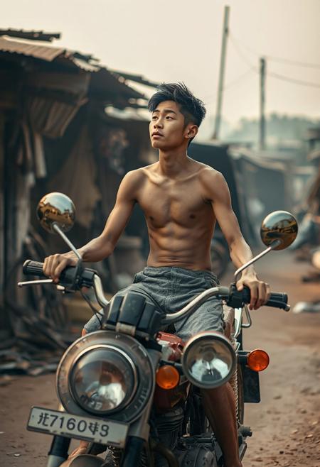 A high quality photo of a skinny young Chinese man sitting on an old motorbike in an old village. He looks into the distance, dust in the air, effortlessly chic, beautiful, artistic, serene, detailed, slightly cluttered environment. High detail, heavy use of depth of field, 4k, super realistic, real photo, shot on Canon, camera, orange dreamy lighting, muted colors,