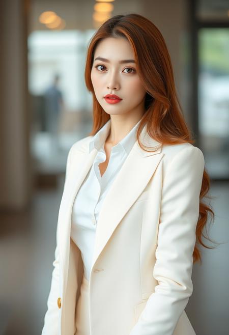 arafed woman with long hair wearing a white jacket and gold buttons, korean women's fashion model, fan bingbing, li bingbing, elegant slim beige shirt, wearing a white blouse, smooth white tight clothes suit, thin lustrous long auburn hair, female actress from korea, portrait of female korean idol, white blouse, gorgeous young korean woman, song hye - kyo