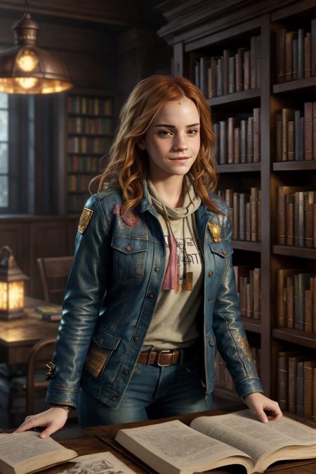 Hermione_Granger_Emma_Watson-4400, a woman, smile in face, walking, happy, golden hair, curley, small amount of freckle, pretty, in library, books, detailed, hdr, epic background, line art, digital illustration, comic style, dynamic, highly detailed, artstation, concept art, smooth, sharp focus, illustration, Thomas Moran style, art by Carne Griffiths and Wadim Kashin, detailed background, 60-30-10 color rule, warm tones, godrays, unreal engine, greg rutkowski, loish, rhads, beeple, makoto shinkai and lois van baarle, ilya kuvshinov, rossdraws, tom bagshaw, alphonse mucha, global illumination, detailed and intricate environment