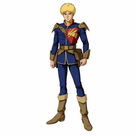 glemy_toto,1boy, glemy_toto,1boy, solo,short hair,blonde hair,purple eyes,(aged down:1.4), military uniform,shoulder armor,blue jacket,long sleeves,zeon, belt,holster,pants, brown footwear,boots,