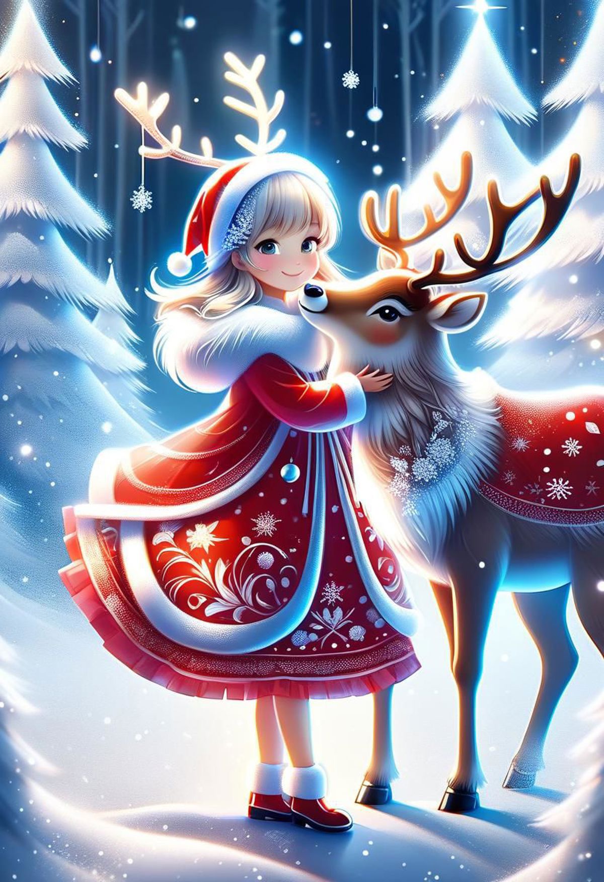 A little girl posing with a reindeer in a snowy scene.