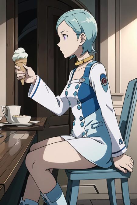 1girl, eureka, purple eyes, short aqua hair, choker, hairclip, white-blue dress, long sleeves, white-blue boots, in restaurant, sitting at table, dining, from side, food, ice cream <model:c35e1054c0:non-realism_anime_mistoonAnime_v20> <lora:eureka_v9:1.0>