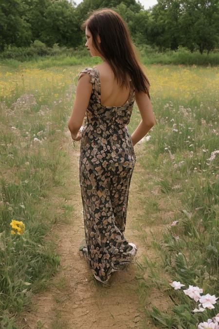 woman walking through a field of flowers, looking back at the viewer, yellow sun dress, sunset, rainbow flowers
