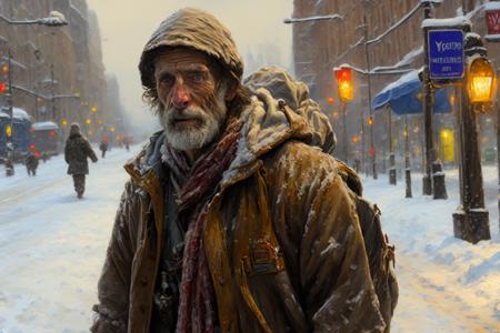 oil painting of a homeless man walking in the snow, solo, realistic, detailed face, detailed clothing, intricate background, art by dgstyle