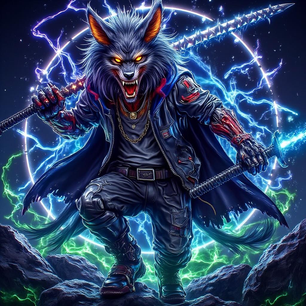 Neon Mecha-Horror Style, solo, looking at viewer, open mouth, holding, animal ears, tail, weapon, sword, cape, holding weapon, armor, orange eyes, glowing, holding sword, furry, dual wielding, running, rock, furry male, glowing weapon, energy sword, glowing sword, lightsaber