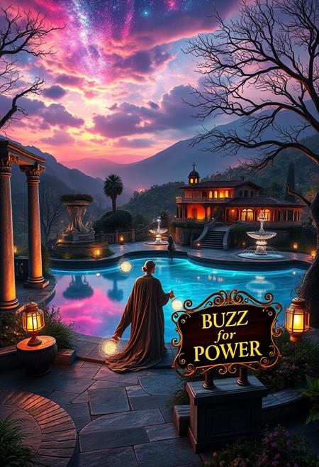 A mystical landscape at twilight, centered around a glowing crystal lake reflecting vibrant nebulae and distant galaxies. Grand marble columns and statues reminiscent of Italian architecture line the shores, adorned with glowing vines. Towering bioluminescent trees with ornate branches softly illuminate the scene, while terraced villas and cascading fountains, inspired by Tuscany, rise in the distance. Iridescent mountains blend with the luminous clouds above, creating a dreamlike horizon.
In the foreground, a figure in flowing robes reminiscent of Renaissance nobility stands on a stone piazza leading to the lake. Around them, floating orbs of light and ancient runes circle as they weave a magical spell. Nearby, an elegant wooden sign made from polished mahogany, with intricate scrollwork and gilded edges, reads ‘BUZZ for POWER’ in glowing calligraphy, perched atop a stone pedestal. Golden lanterns sway in the gentle breeze, adding warmth to the serene atmosphere. The entire scene is a fusion of otherworldly beauty and timeless Italian elegance, where nature, art, and magic blend in perfect harmony