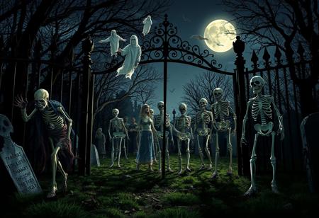 The cemetery gates creak open as the night falls on Halloween. Zombies, with their rotting flesh and vacant eyes, claw their way out of the graves. Their moans echo through the still air. Skeletons, rattling their bones, rise up and start to form a macabre parade. Some are missing limbs but still move with an eerie grace. Ghostly figures float above, their transparent forms adding to the horror. A mummy, wrapped in tattered bandages, shuffles forward, and a werewolf howls in the distance, as if announcing the return of all these undead beings to the world of the living.
